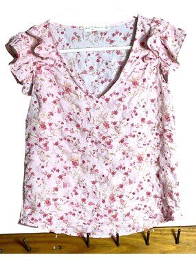 Fair Haven Pink Floral Top Poly Seersucker Fairycore Twee Ruffles Dainty Wom S